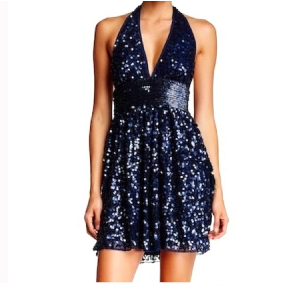 W118 BY WALTER BAKER NAVY SEQUIN HALTER DRESS Size 8 Formal Dressy Wear Backless